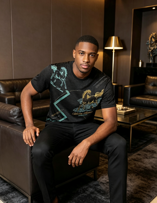 Men Ice Silk Golden Stallion Print T-Shirt