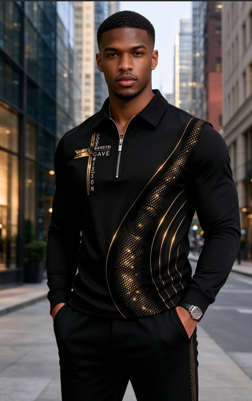Men's Luxury Black Gold Printed Quarter Zip Long Sleeve Shirt