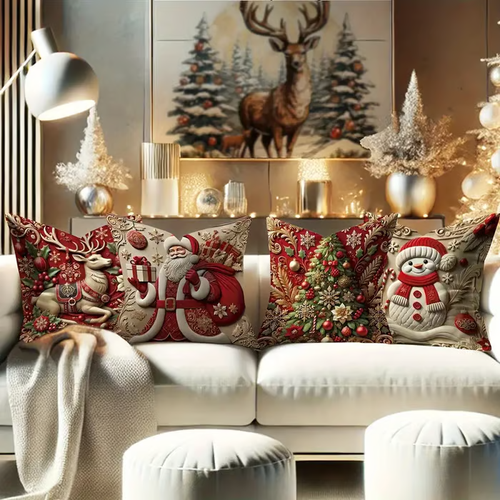 Set of 4 Christmas Themed Cushion Cover – Machine Washable, Wrinkle-Resistant, Durable, Perfect for Living Room, Bedroom, Office & More