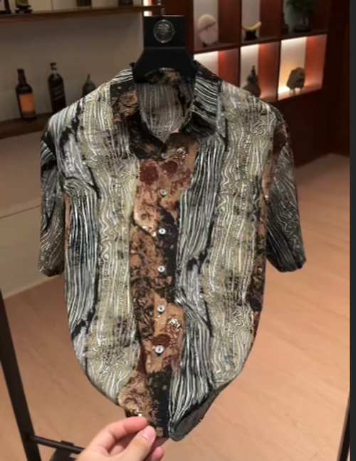 Men's Ice Silk Shirt with Tree Bark Texture