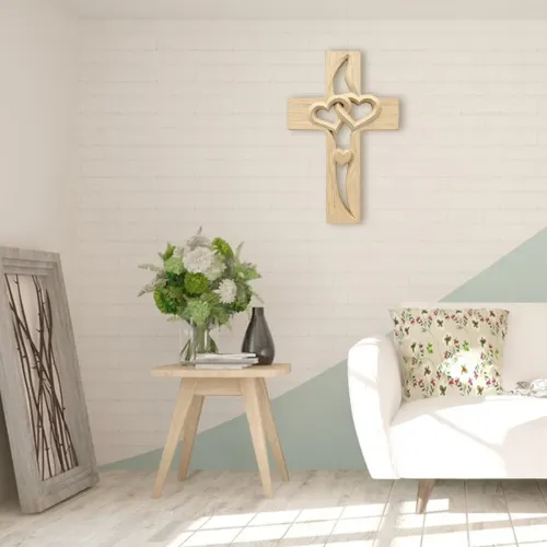 Handcarved Wood Cross with Intertwined Hearts Handmade Wooden Wall Cross Hand Made Art Decor Grift for Wedding Valentine's Day