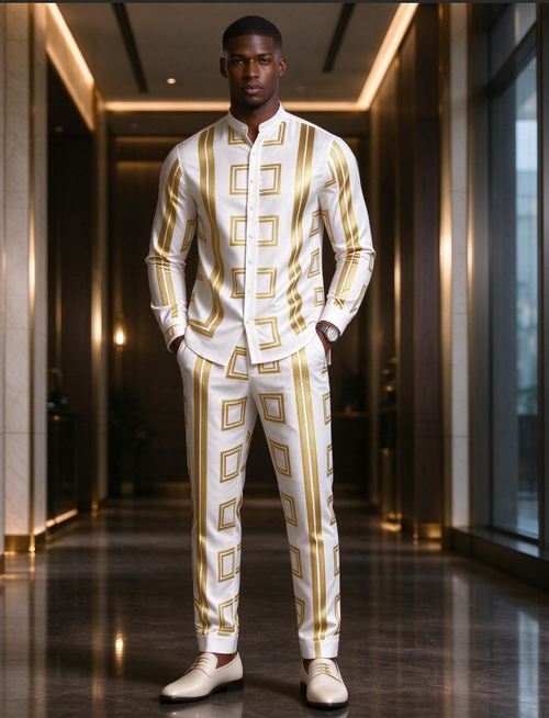 Men's Plus Size Shiny White Gold 3D Print  Business Casual Two Pieces Outfit, Long Sleeve Long Pants Fashion  Matching Set