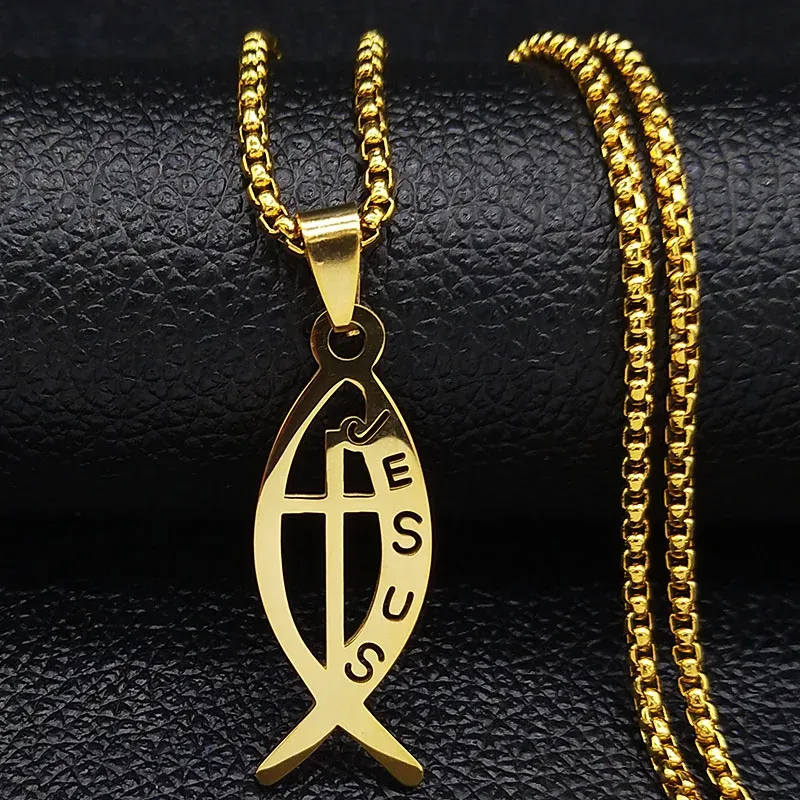 Ichthys Jesus Fish Cross Christ God Pendant Necklace for Women Men Stainless Steel Gold Color Christian Chain Jewelry N1482S02