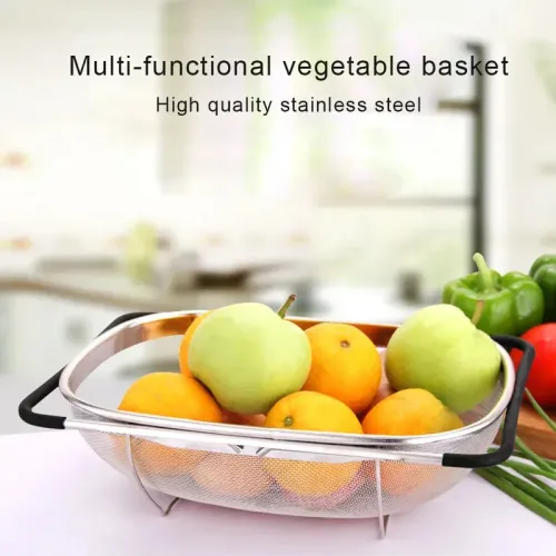 Stainless Steel Retractable Drain Basket Rubber Grip Handles Oval Colander Sink Vegetables Draining Rack Home Storage Basket