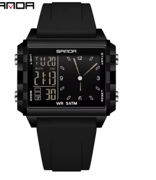 Wristwatch Square Dual Time  Electron Analog Watch  Waterproof Count Down Timer Digital World Time