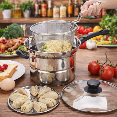 Connox 3in1 Multifunctional Stainless Steel Cooking Pot for Steaming and Frying with Filter and Non-stick Pan