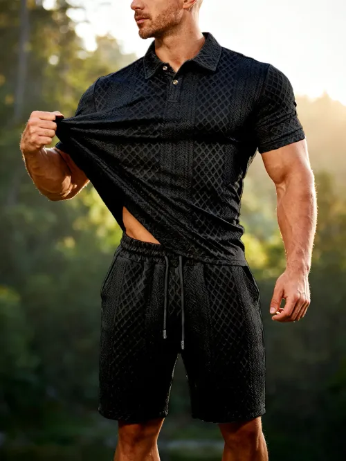 Casual Sports Style Short Two Piece Set Men's Fashion Solid Color Jacquard Short Sleeves Pullover POLO Shirt Shorts 2 Piece Sets