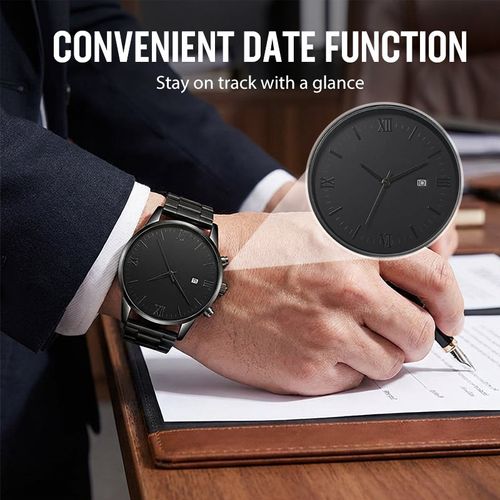 🎉💰 50% off ⚡ Minimalist quartz watch for men with date display – All black stainless steel, Roman numerals on the dial and watchmaking precision! ⌚🖤