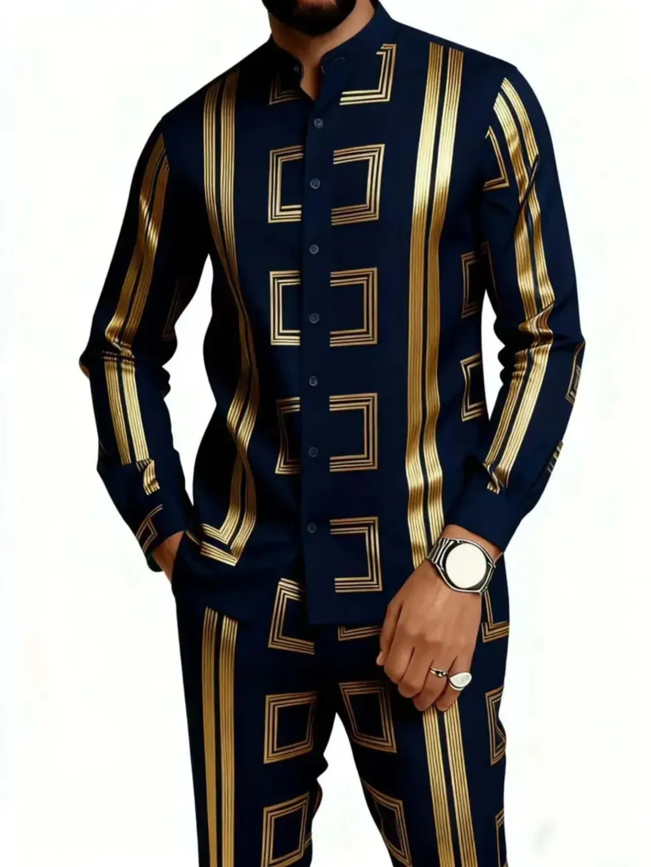 Men's Plus Size Shiny 3D Print Casual Business Long Sleeve Long Pants Set Fashionable Comfortable