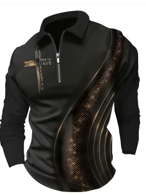 Fashionable men's geometric printed long sleeved shirt - easy to iron, zipper lapel design, suitable for autumn casual wear