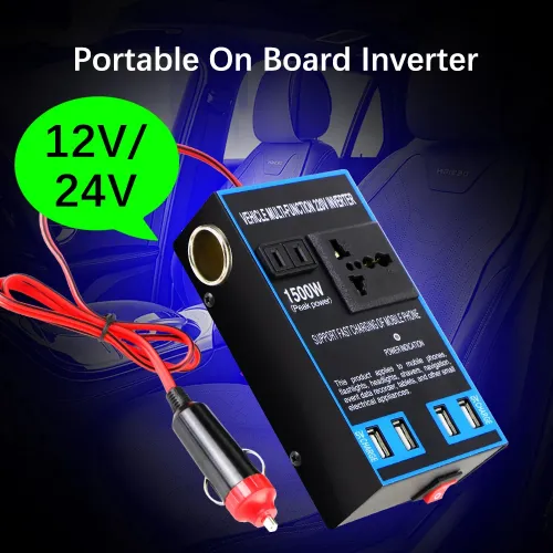 1500W Power Inverter DC 12V 24V to AC 110V 220V Car Converter with 4 USB Quick Charging Cigar Lighter Socket for Vehicle Home
