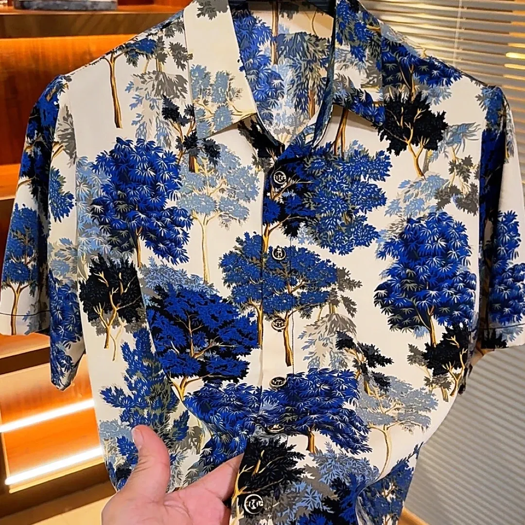 White and blue 3D-print Ice silk shirt