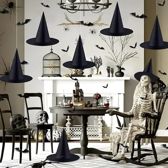6 PCS Halloween Black Witch Hats Decoration Hanging Witch Wizard Hats Bulk with 3D Bats Wall Stickers for Halloween Party Costume Accessory Indoor Outdoor Yard Porch Decor Magical Ornaments