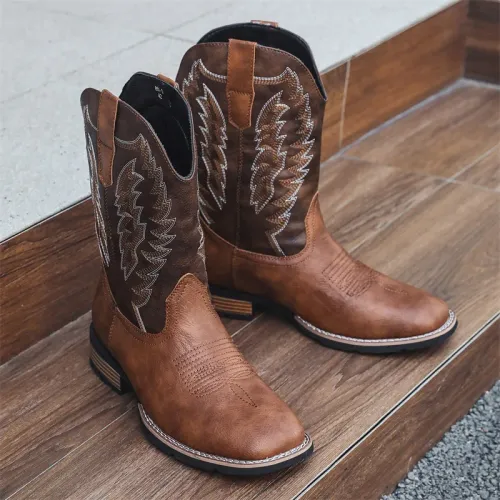 High top embroidered retro sleeve wide toe Western cowboy boots