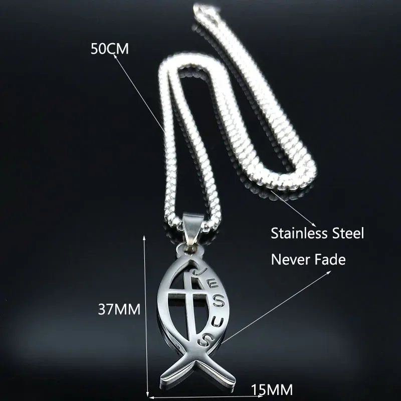 Ichthys Jesus Fish Cross Christ God Pendant Necklace for Women Men Stainless Steel Gold Color Christian Chain Jewelry N1482S02