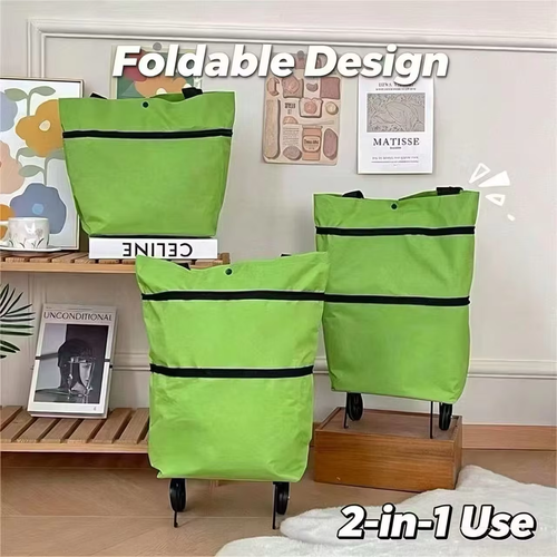 Lightweight, foldable shopping trolley with wheels (can also be carried over the shoulder)