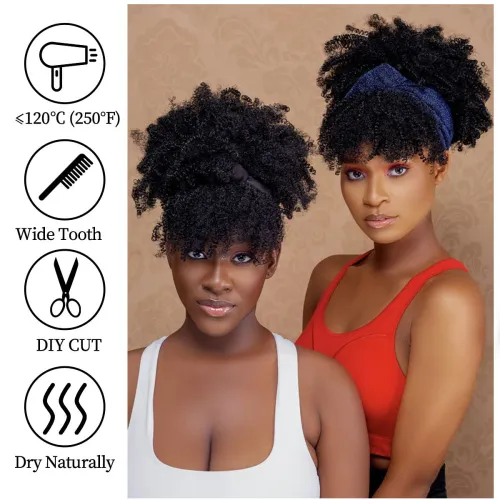 Short Curly Headband Wig Kinky Curly Wig with Turban Ombre Synthetic Head Wrap Wigs Hair High Temperature