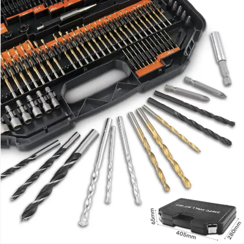 246-piece multi-functional drill bit set, including twist drills, woodworking flat drills, cement drills and screw bits, suitable for drilling through various materials such as wood, metal and cement. It covers all specifications, featuring high hardness materials that are durable. The hard tool box provides organized storage. It is an all-in-one cost-effective tool set for home decoration DIY and maintenance workers.