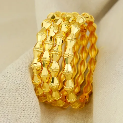 1Pcs Gold Tone Bamboo Bangle for Women, Vintage Textured Carved Bracelet, Ethnic Wedding Party Jewelry Gift