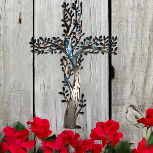 Nature Inspired Tree of Life Cross Wall Art, Acrylic Decor with Twisted Branches  Colorful Leaves, Multipurpose