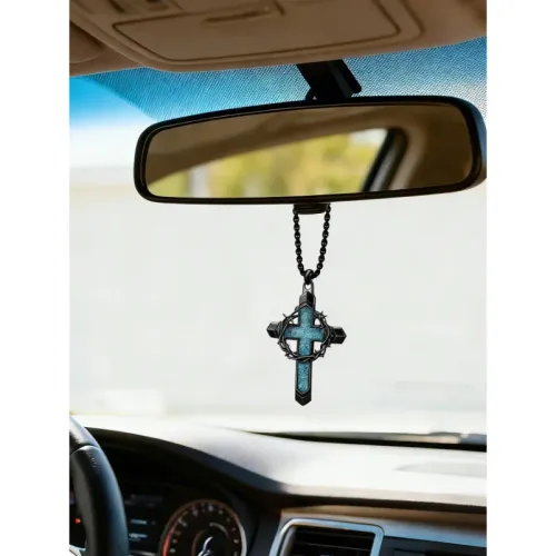 Vintage Punk Crown of Thorns Cross Rearview Mirror Hanging Pendant with Turquoise Inlay