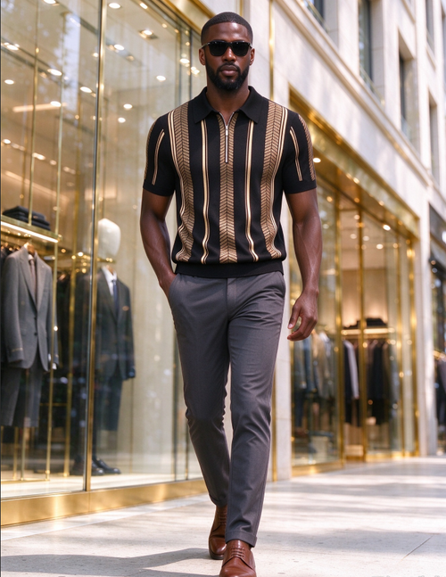 Men's Black Gold Vertical Striped Zip-Up Polo Shirt
