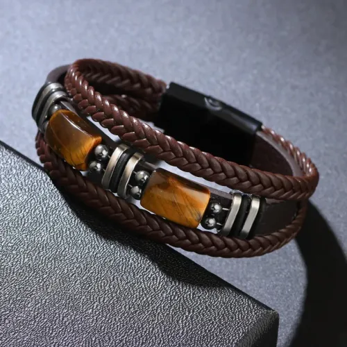 🔥Versatile Vintage Leather Bracelet 📿 Braided Layered Tiger Eye Stone Wristband