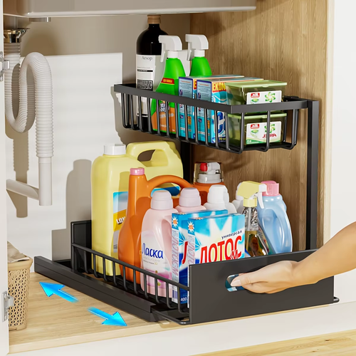 2-Tier Sliding Under Sink Organizer, Rustproof Metal Storage Rack for Kitchen & Bathroom Cabinet