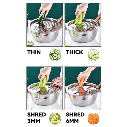 All In 1 Multi-Functional Kitchen Draining Basket Set 3pcs Stainless Steel Filter Pot Vegetable Chopper Fruit Slicer Cutter