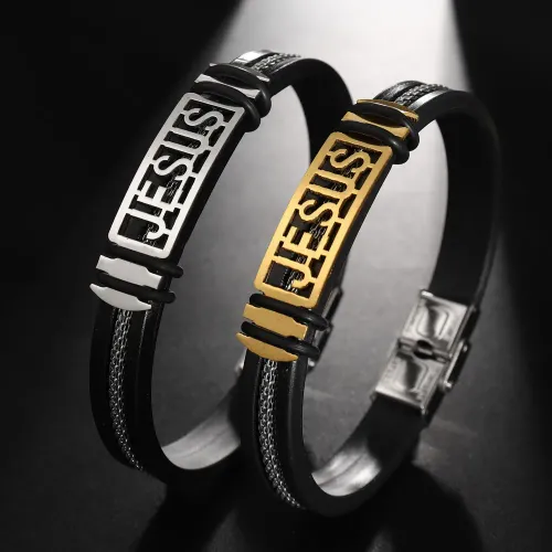 Classic Vintage High Quality Black Silicon Recessed Stainless Steel Braided Chain Bracelet Men's Bracelet Souvenir Wholesale