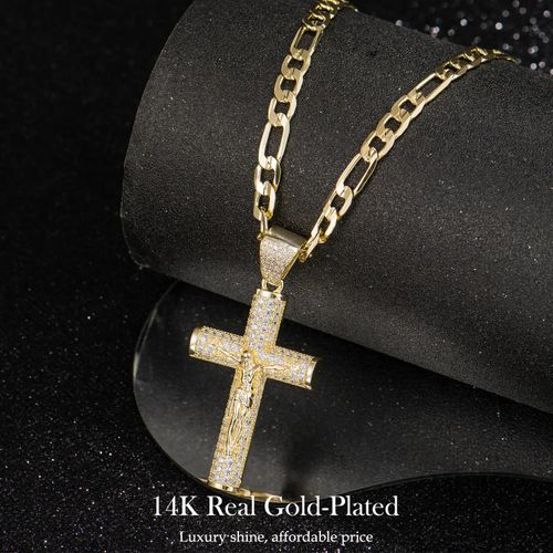 14K Real Gold-Plated Christian Cross Necklace for Men - Advanced Nanotech Tarnish-Free Cuban Link, Figaro, Rope Miami Chains with Jesus Crucifix Pendant, 24in Daily Wear Jewelry Accessory Gift