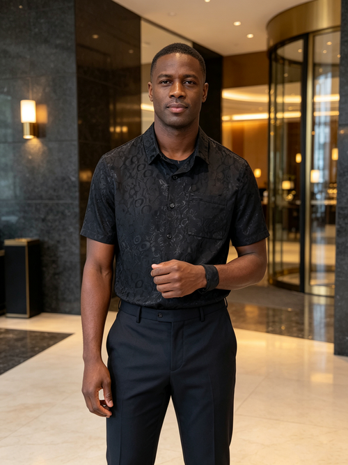 Black textured short sleeved shirt