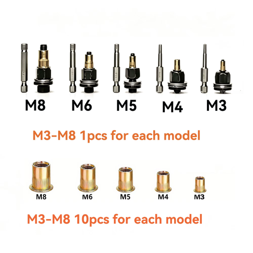10-Piece Carbon Steel Rivet Nut Set (Includes 50 Rivet Nuts) – M3, M4, M5, M6, M8 Metric Threads, Hex Shank – Compatible with Power Drills – Suitable for Automotive Repair and Body Panel Modification