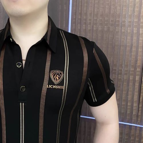 New Men's Polo Shirt: Stylish, Slim-Fit, Stretchy Striped Short-Sleeve Top with Turn-Down Collar