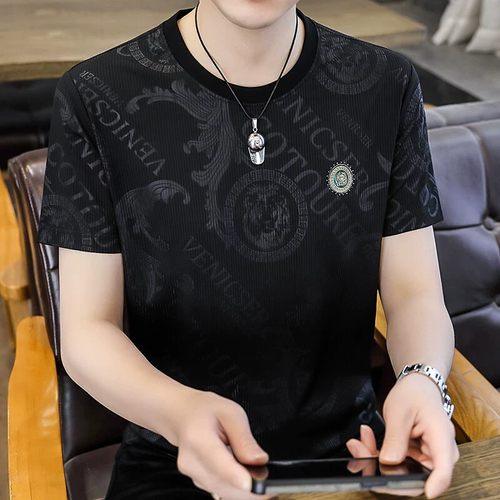 Luxury Men Black Jacquard T‑Shirt with Gold Tiger Emblem