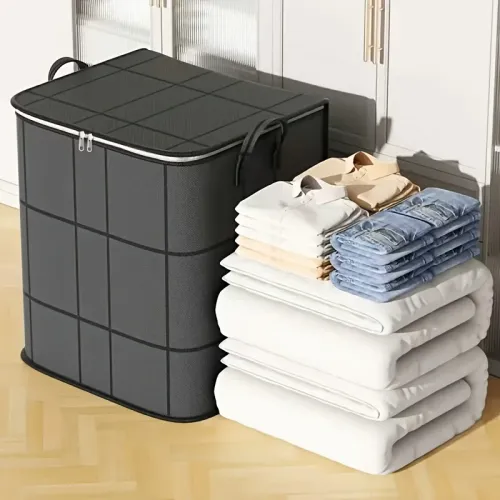 2pcs Foldable Striped Organizer Pouch with Double Zipper, Spacious Grid Bag for Garments, Quilts & Moving Use