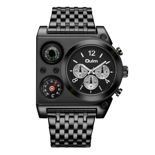 OULM Army Military Watch compass Temperature Display Movement Three Time Clock Big Dial Quartz Men WristWatch relogio masculino