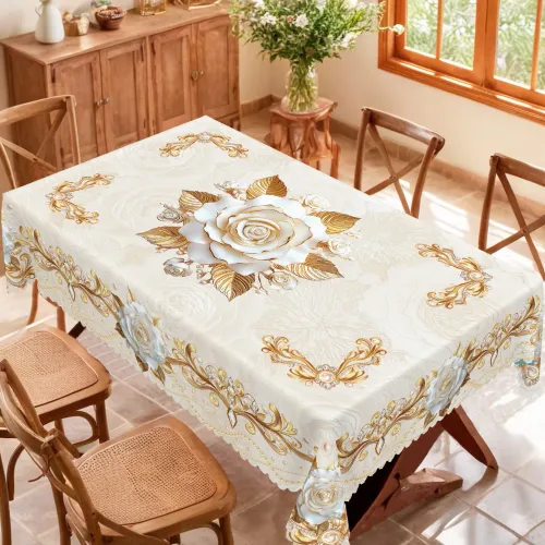 1 Piece Floral-Themed Gold Printed Tablecloth with Blooming Rose Pattern Design