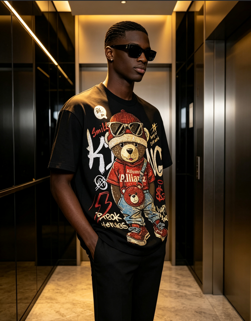 Men's Black Hot Stamping Bear Graphic T-Shirt
