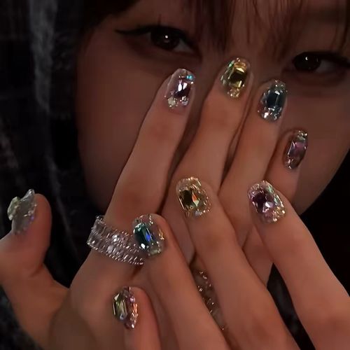 Luxury Multicolor Gemstone Press-On Nails – Short Square Crystal Rhinestone False Nails for Glamorous Parties, Dates & Special Occasions