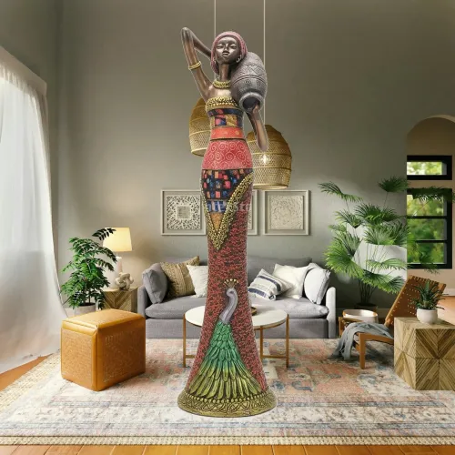 African Woman Statue Tabletop African Woman Figurine Figurine with Peacock Motif Artisanal Female Statue Artistic