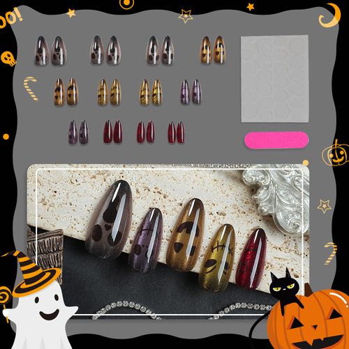 24 piece 3D cat eye fake nail patch horror green almond shaped bat ghost head bone wearable fake nail tip manicure set