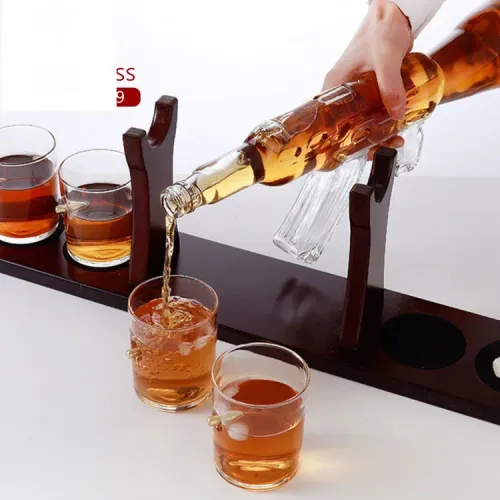 Handblown Borosilicate Gun Shaped Glass Whiskey Decanter Set with Wooden Tray