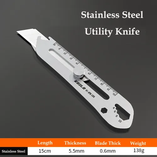 Multifunctional 18mm Utility Knife 6 in 1 Stainless Steel Stationery All Purpose Cutter Bottle Tin Opener Screw Ruler