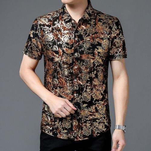 Men's Short-Sleeve Shirt — Mercerized Cotton, Wrinkle-Free, Floral Print — Loose-Fit, Plus Size (Up to 5XL)