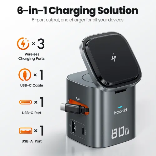 80W 6-in-1 GaN Charging Station for Magsafe 15W PD 65W Retractable 60W Cable Wireless Charger for Macbook iPhone 17 16