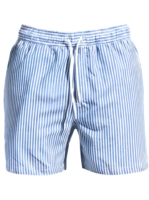 Color-Blocked Striped Men's Beach Shorts with Drawstring Waist, Pocket Design, Casual Style, Non-Stretch, Suitable for Summer Beach Wear
