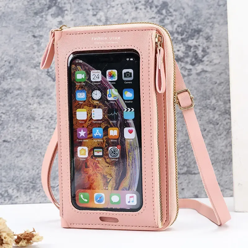 Anti Theft Multi Functional Transparent Touch Screen Crossbody Phone Bag Wallet Shoulder Cell Phone Pouch PU