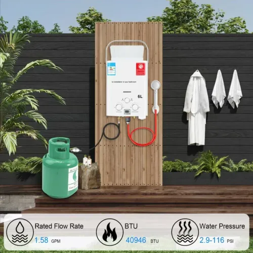 This 6L outdoor portable gas water heater does not require indoor installation. It has a portable design for easy carrying. Gas-driven without the need for electricity connection. It has a 6L large flow rate and constant temperature water output. Winter and summer modes are adjustable. The dual knobs provide precise temperature control. It is suitable for camping, RVs, and other scenarios, allowing you to enjoy free hot water outdoors.