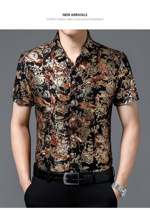Men's Short-Sleeve Shirt — Mercerized Cotton, Wrinkle-Free, Floral Print — Loose-Fit, Plus Size (Up to 5XL)